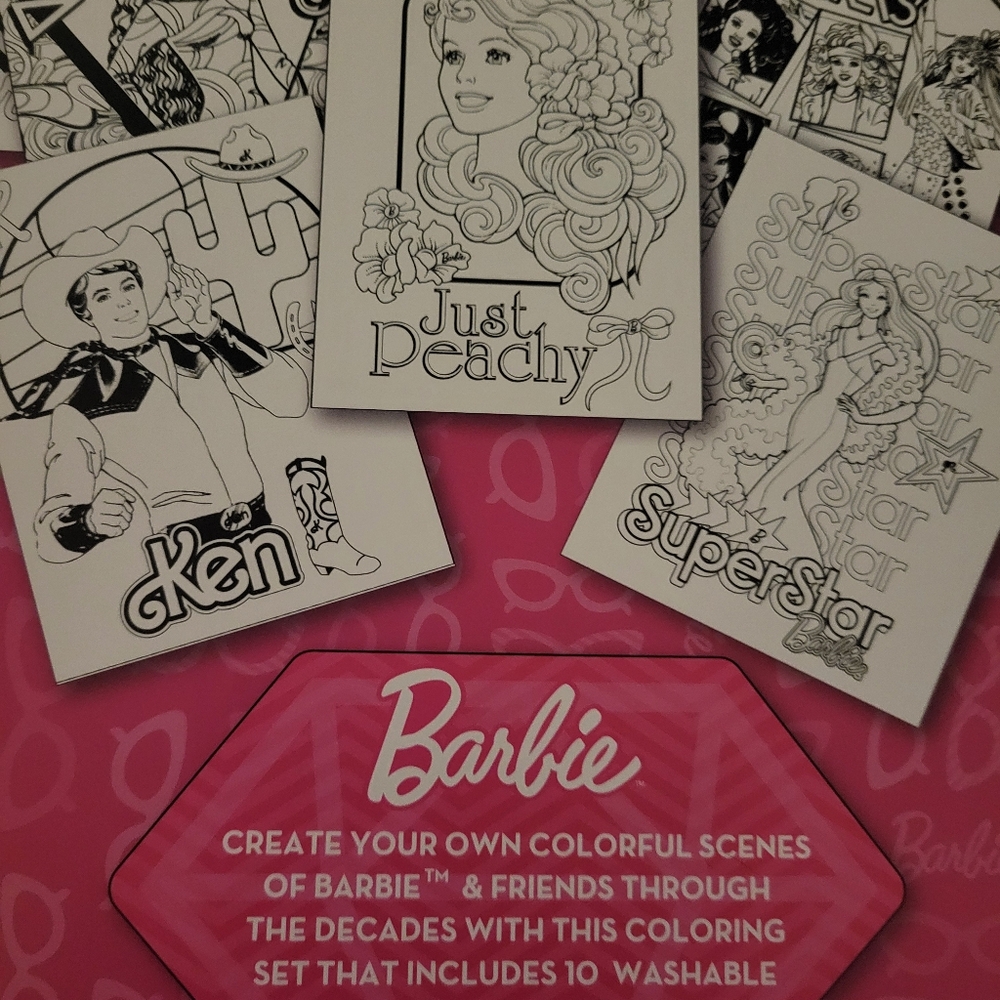 NIB Barbie Hard Cover Coloring Book Set 10 Vibrant Washable Markers Retro-themed - Picture 9 of 9